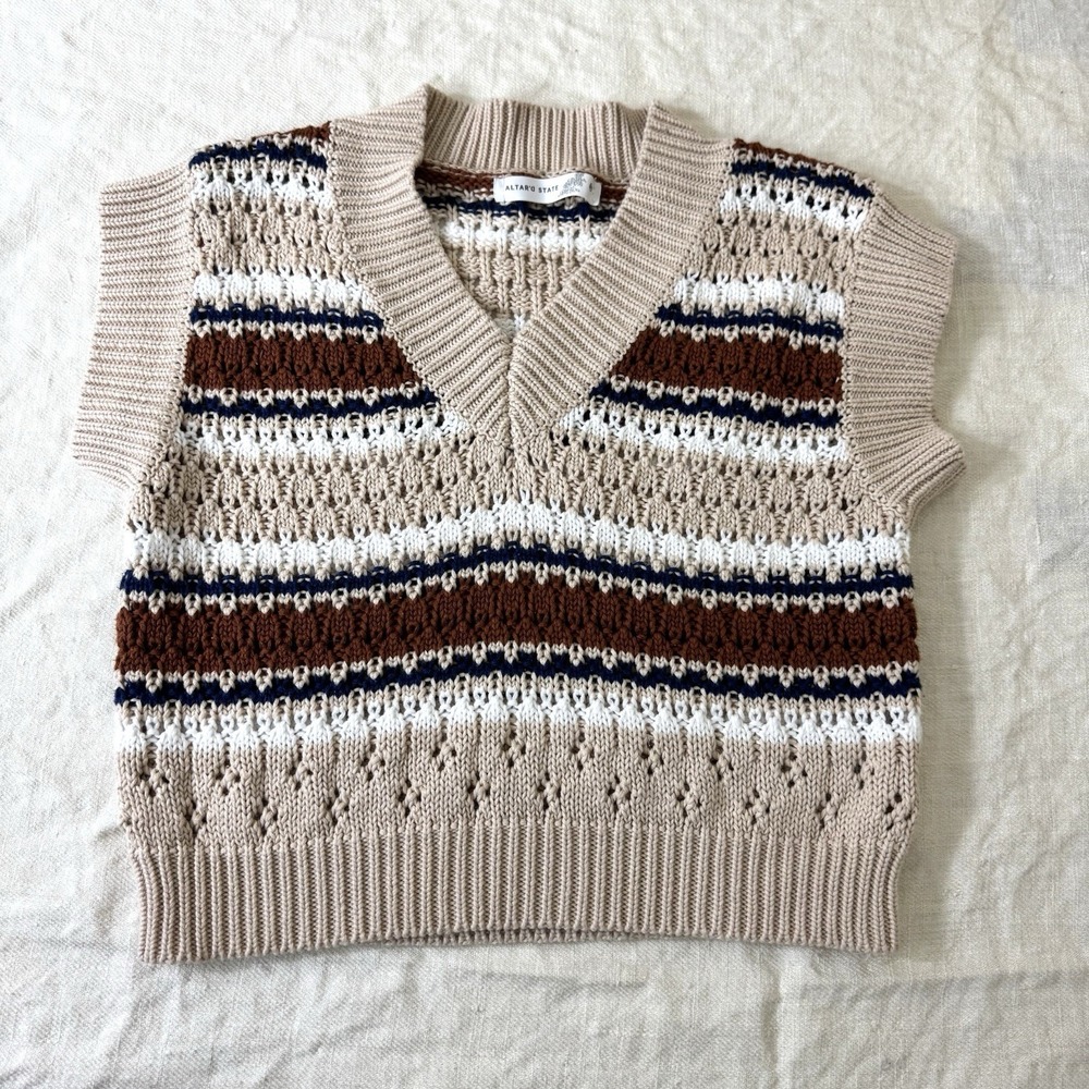 Altar'd State Sweater Vest Women's Pullover Preppy Academia Striped Brown Sz XXS